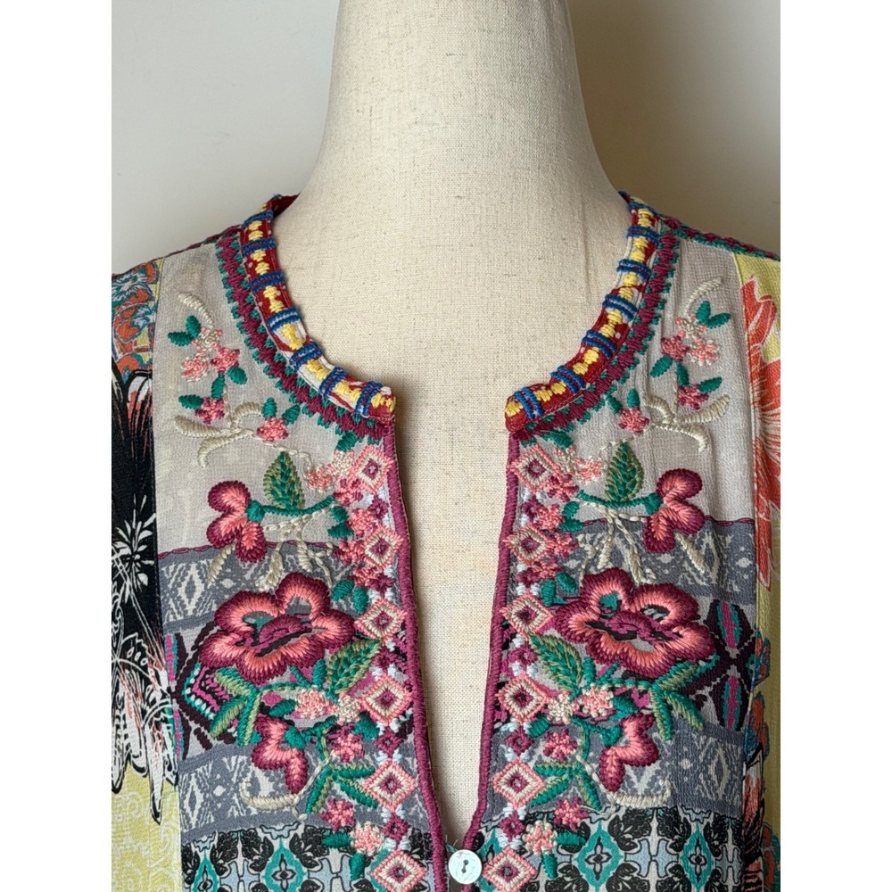 John Mark Duster Kimono Women Medium Yellow Floral Patchwork Embroidered Boho - Picture 10 of 14